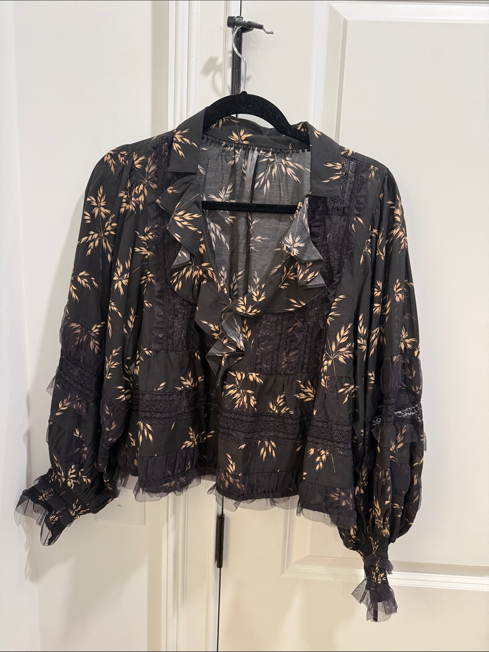 Anthropologie Black and Beige Floral Ruffle Blouse
